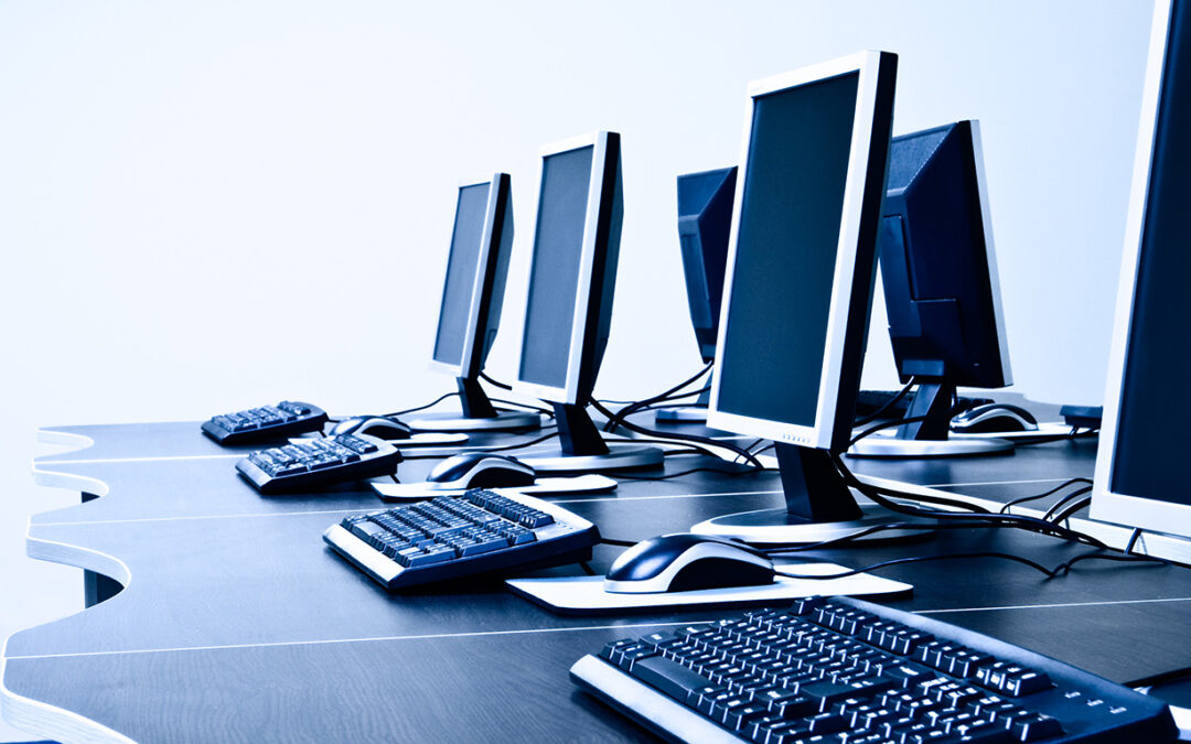 workplace room with computers in row